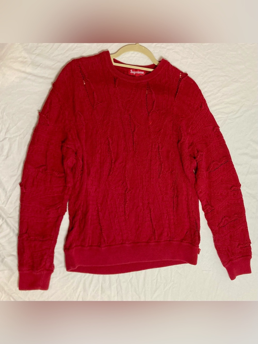 Supreme Red Distressed Cable Knit Crewneck Sweater Size M